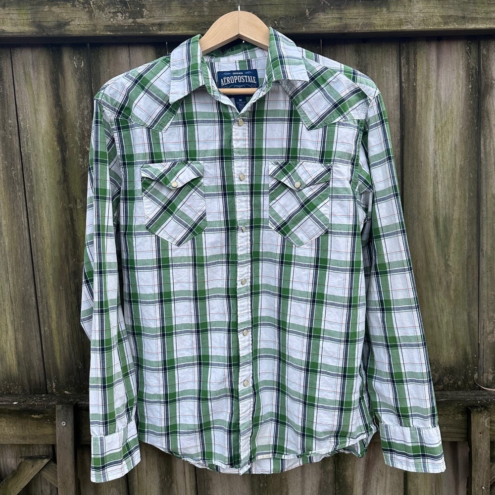 Aeropostale Plaid Western Pearl Snap Long Sleeve Shirt Green Sz Medium Retro Y2K - Picture 8 of 8
